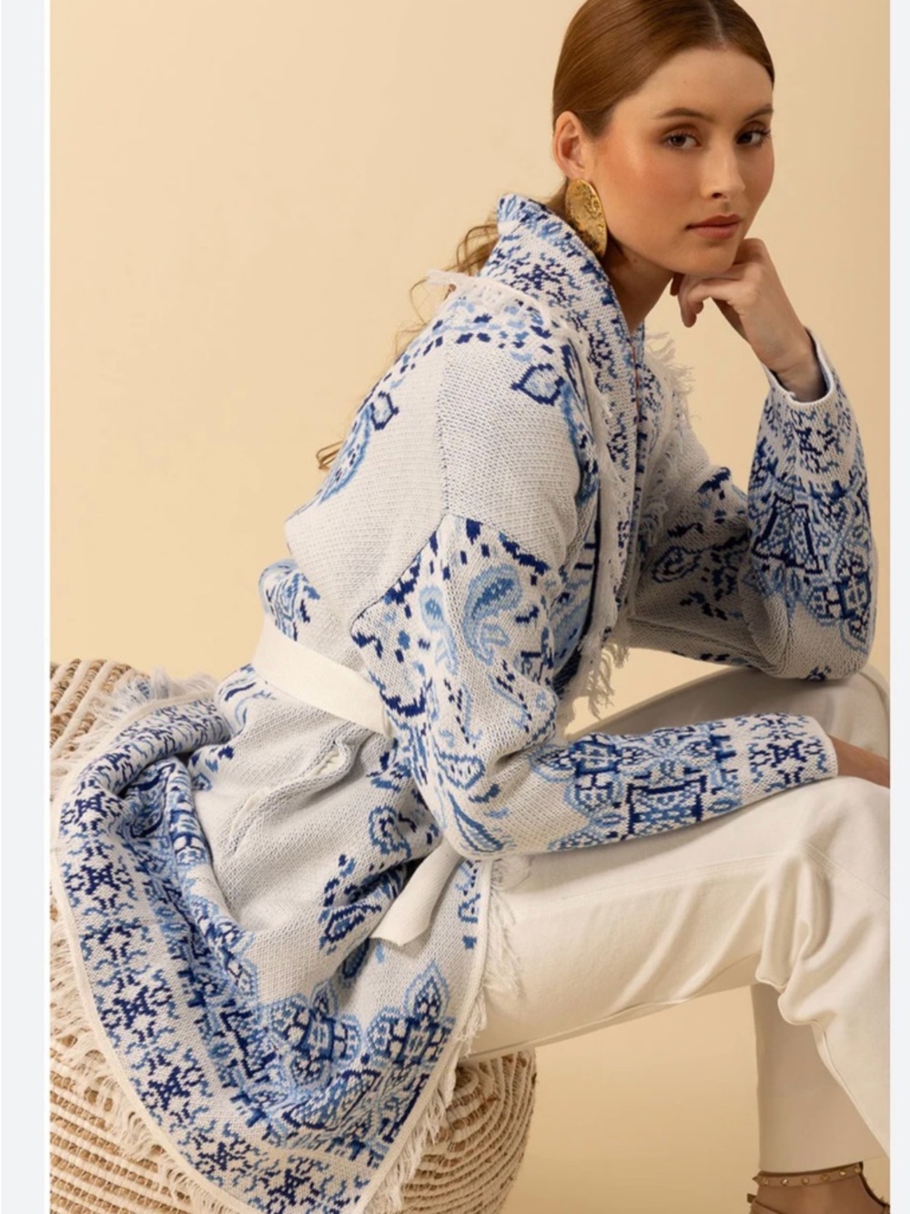 Chico’s Women’s Blue & White Patterned Knit Belted Cardigan